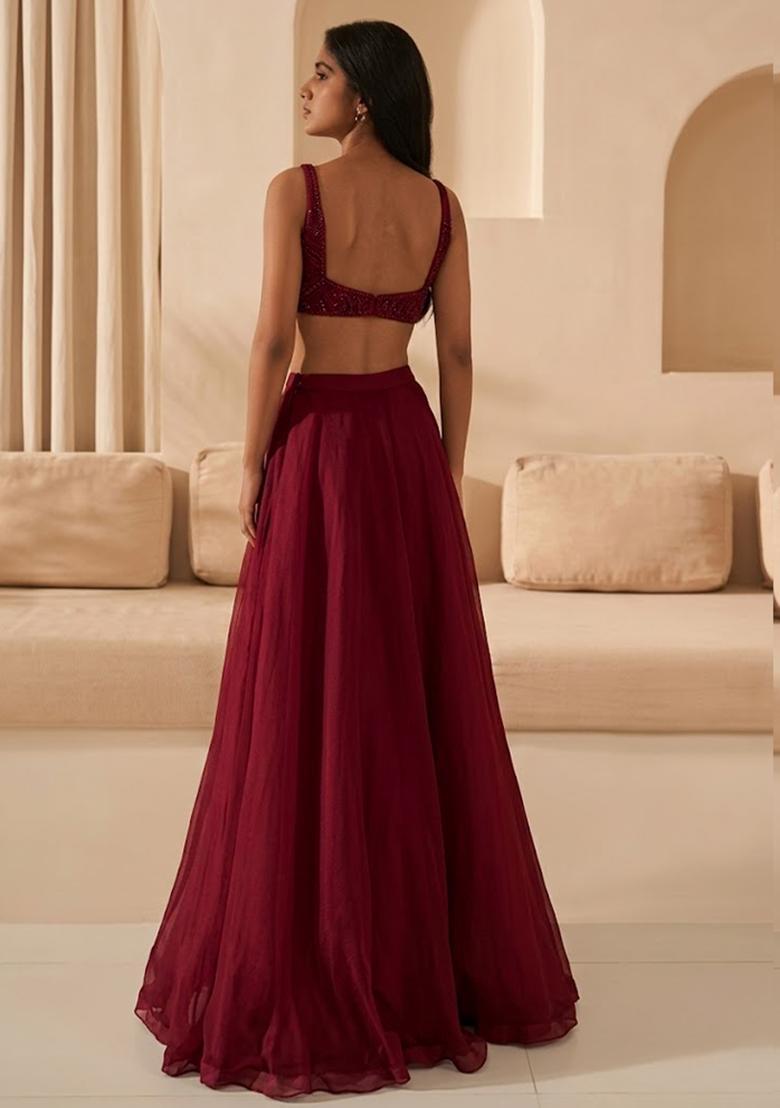 Deep Maroon Hand Work Organza Lehenga Set - Indya