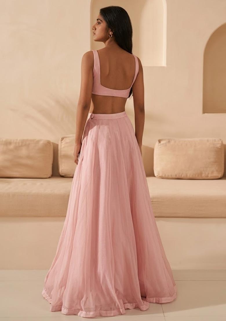 Soft Pink Hand Work Organza Lehenga Set - Indya