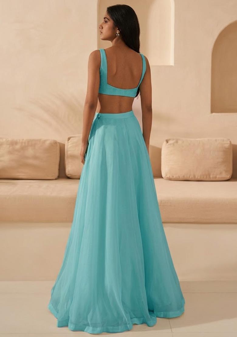 Aqua Blue Hand Work Organza Lehenga Set - Indya