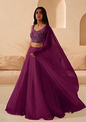 Purple Hand Work Organza Lehenga Set
