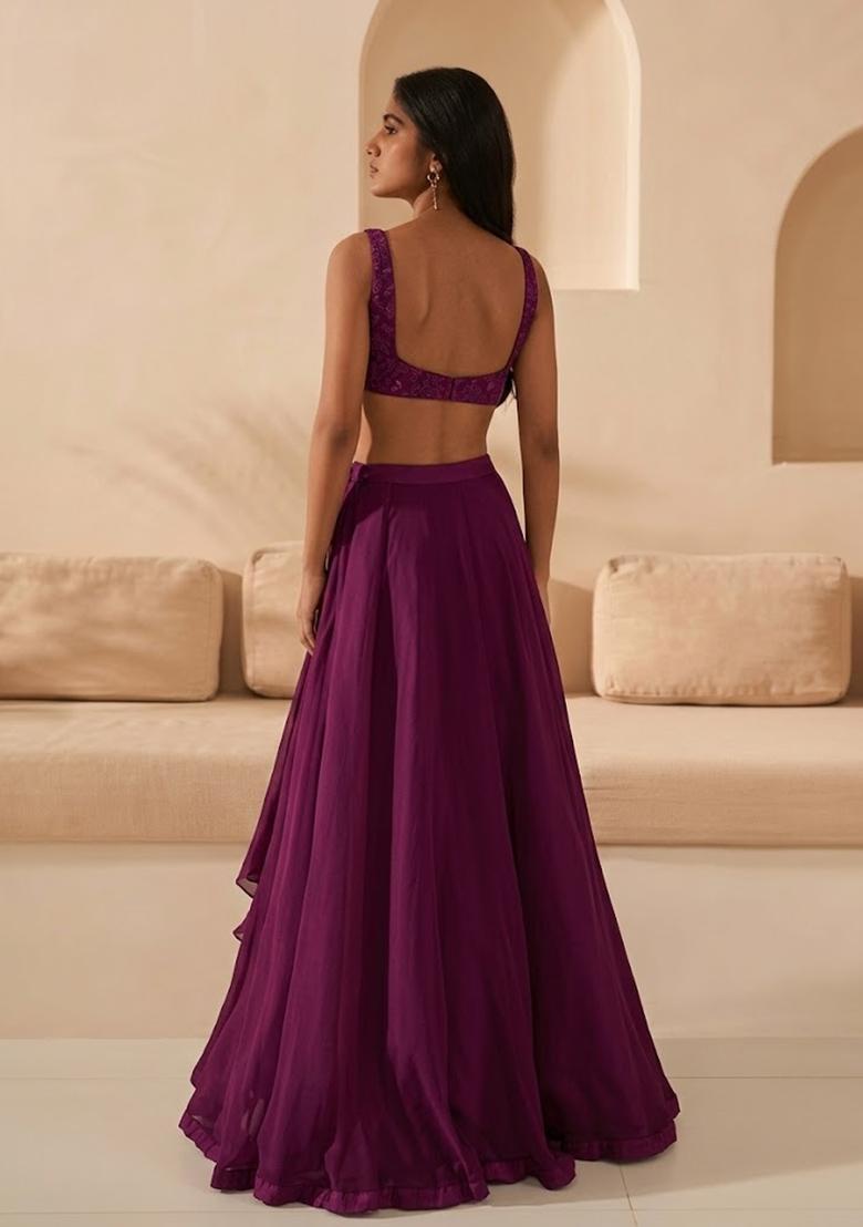 Purple Hand Work Organza Lehenga Set - Indya