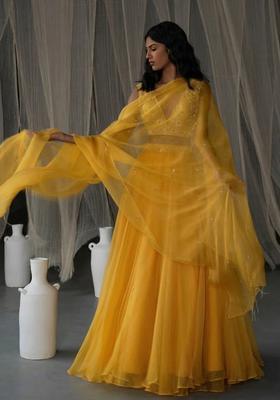 Yellow Hand Work Organza Lehenga Set