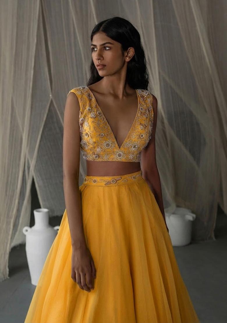 Yellow Hand Work Organza Lehenga Set - Indya