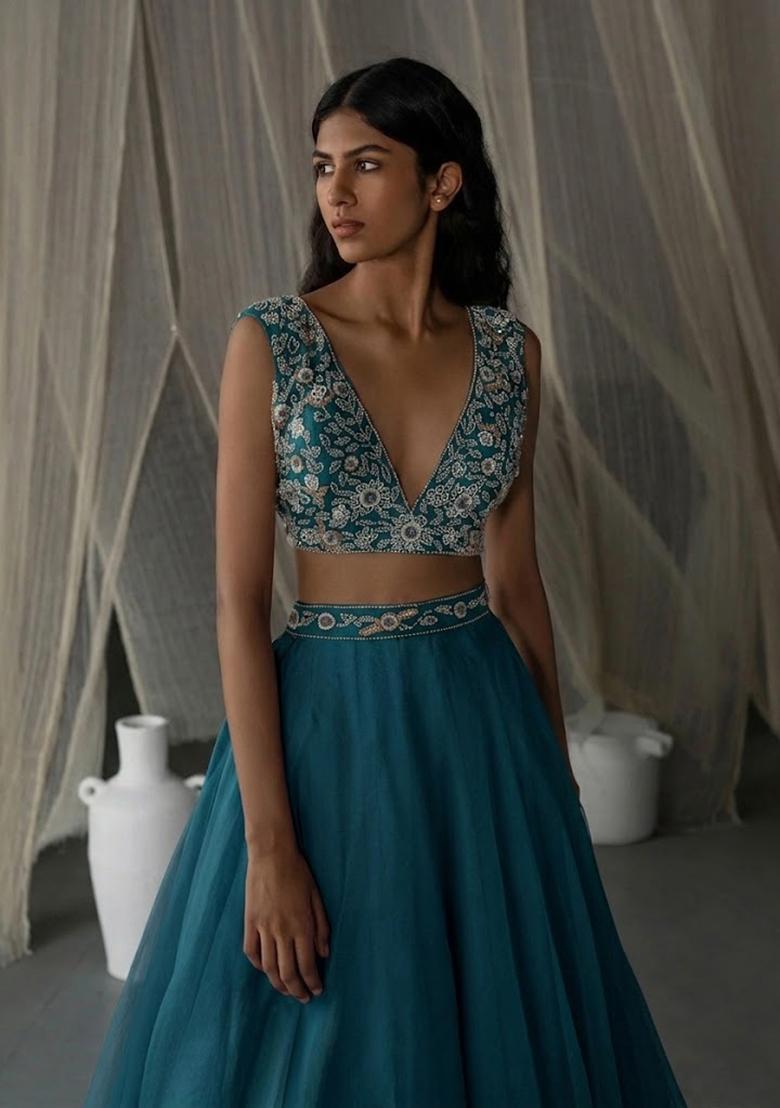 Teal Blue Hand Work Organza Lehenga Set - Indya