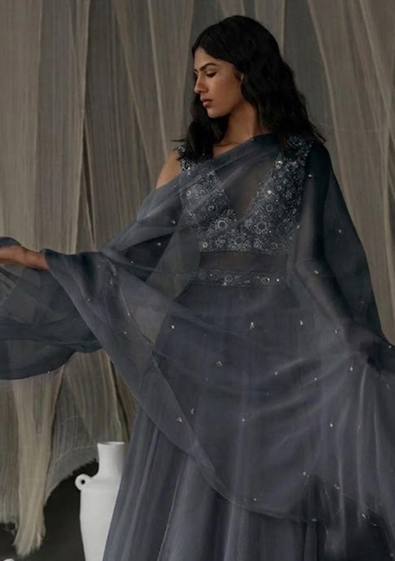 Grey Hand Work Organza Lehenga Set - Indya