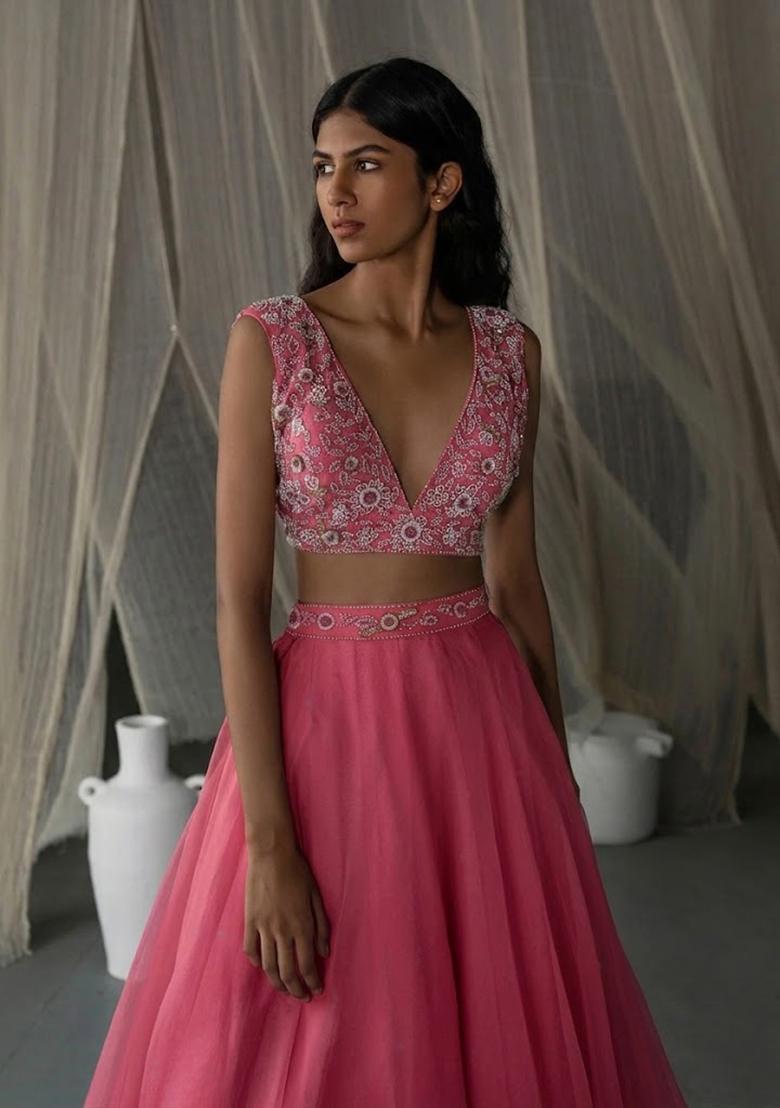 Pink Hand Work Organza Lehenga Set - Indya