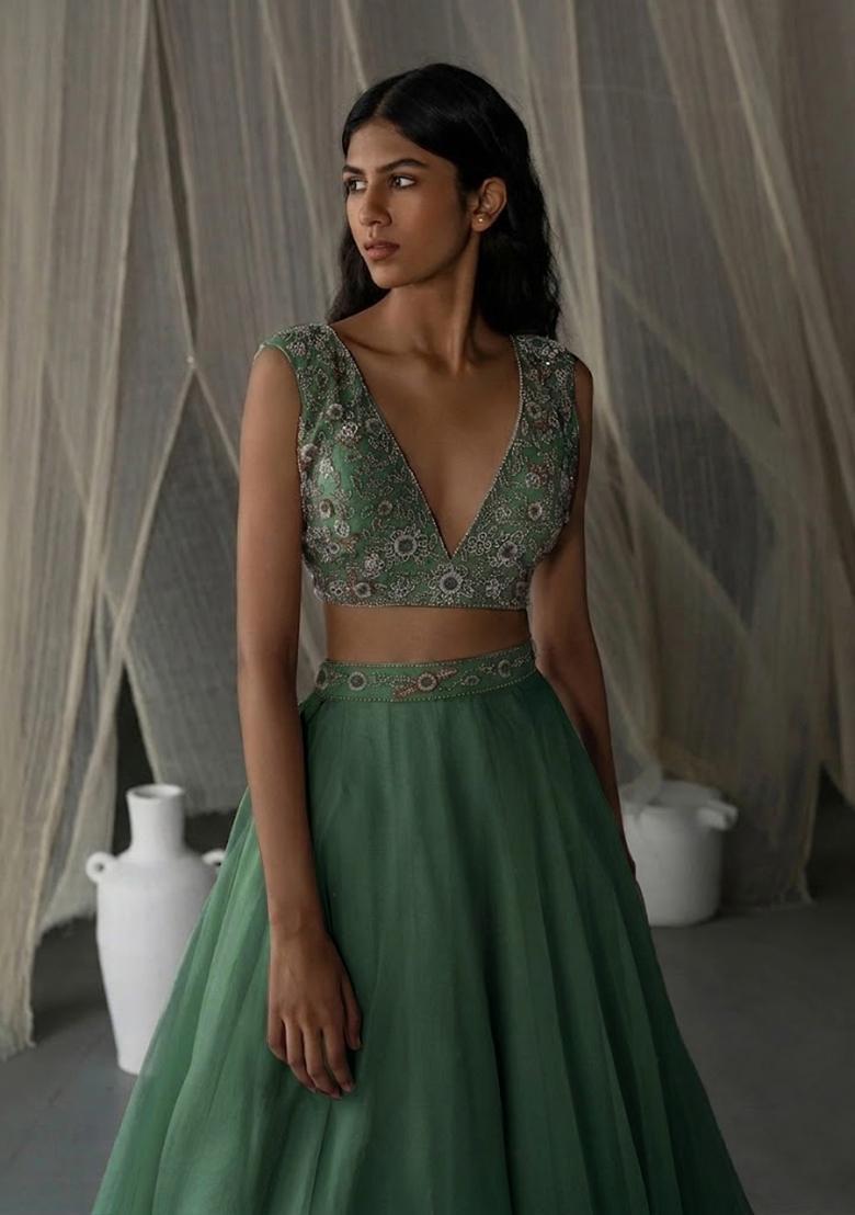 Sage Green Hand Work Organza Lehenga Set - Indya