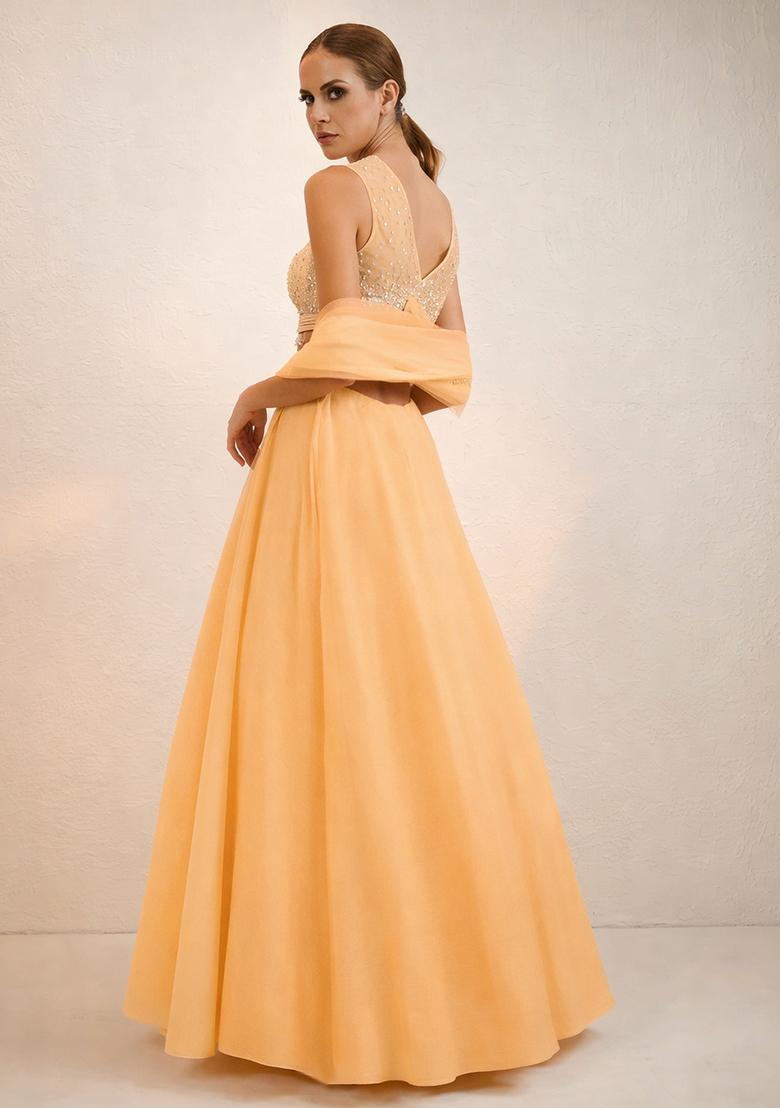Peach Hand Work Net Lehenga Set - Indya