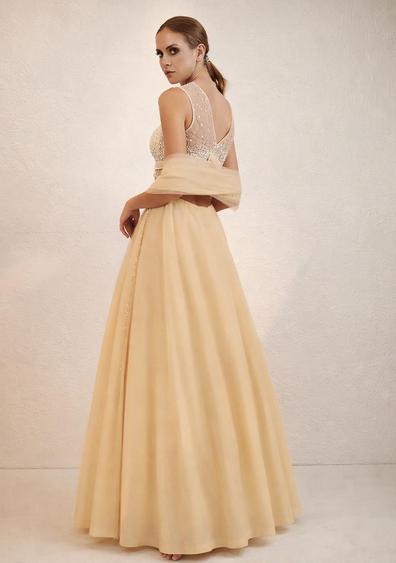 Beige Hand Work Net Lehenga Set - Indya