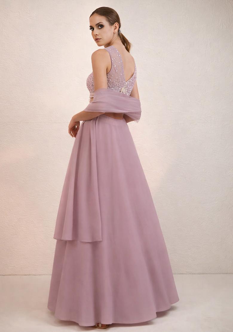Dusty Pink Hand Work Net Lehenga Set - Indya