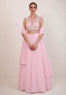 Pink Hand Work Net Lehenga Set