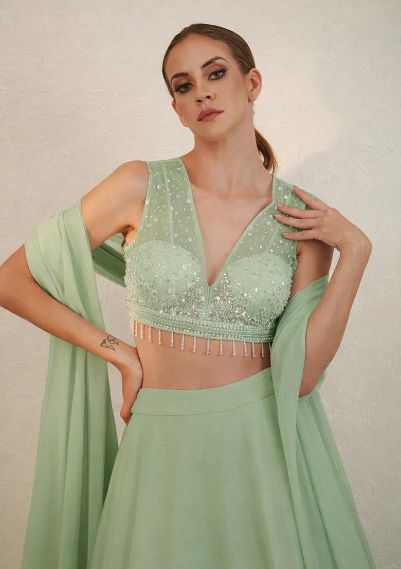 Mist Green Hand Work Net Lehenga Set - Indya