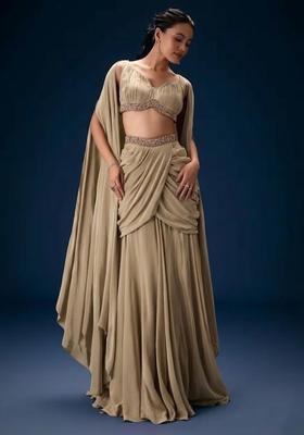 Beige Hand Work Crepe Fusion Set