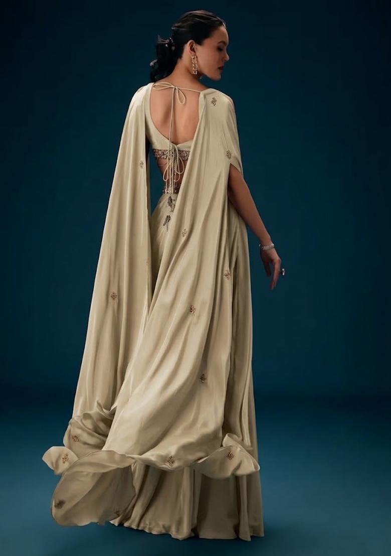 Beige Hand Work Crepe Fusion Set - Indya