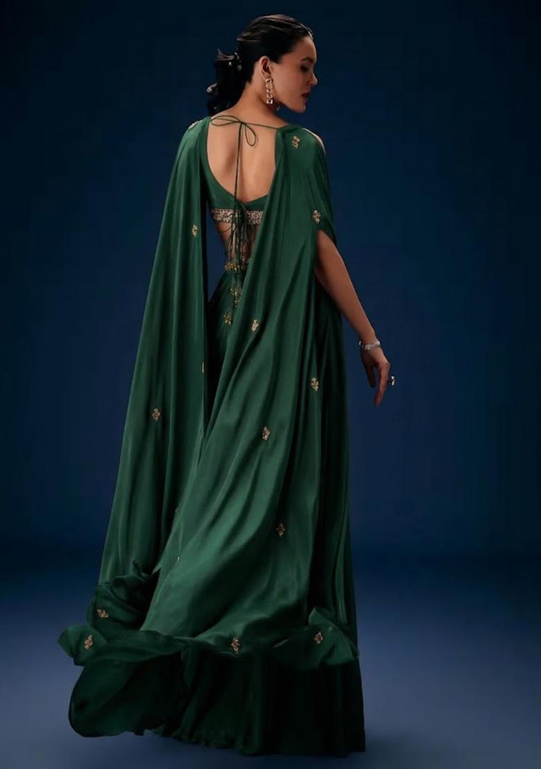 Deep Forest Green Hand Work Crepe Fusion Set - Indya