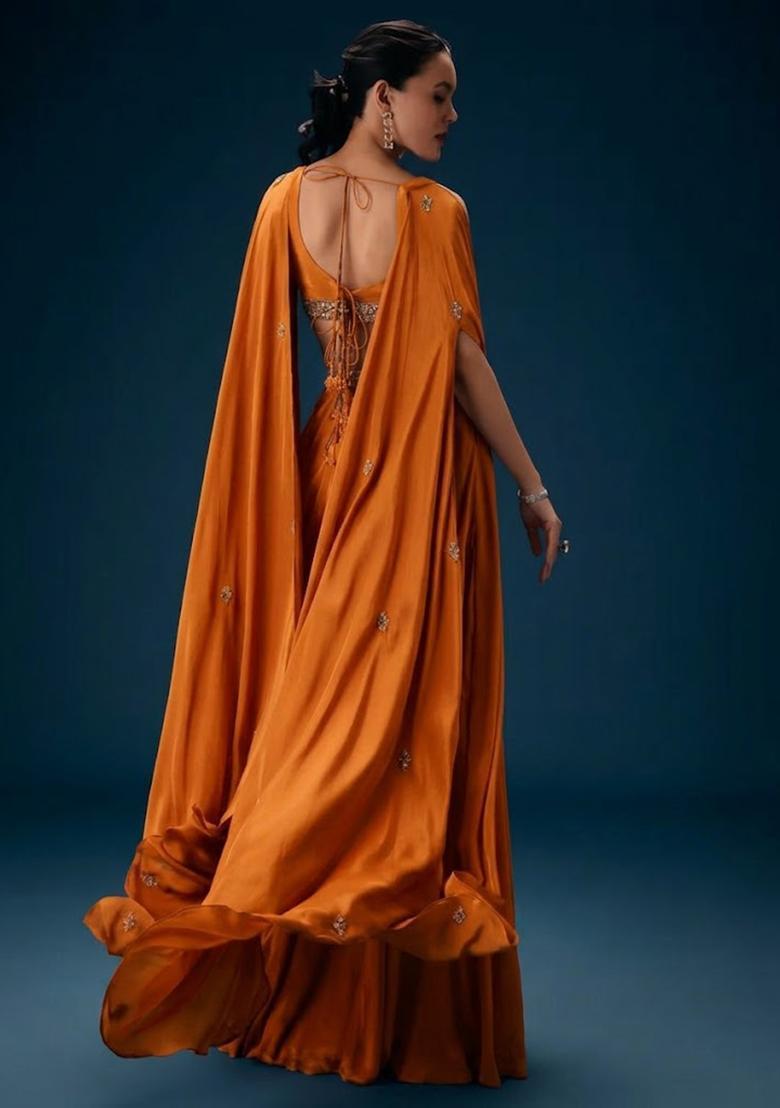 Orange Hand Work Crepe Fusion Set - Indya