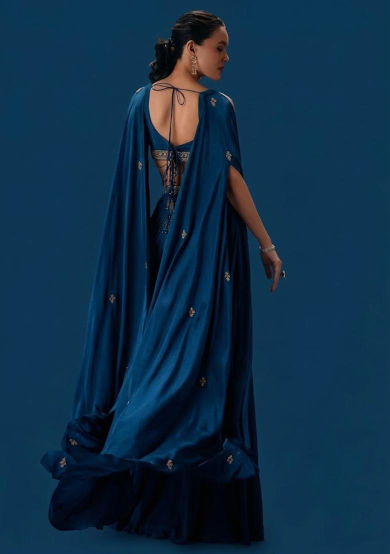 Deep Teal Blue Hand Work Crepe Fusion Set - Indya