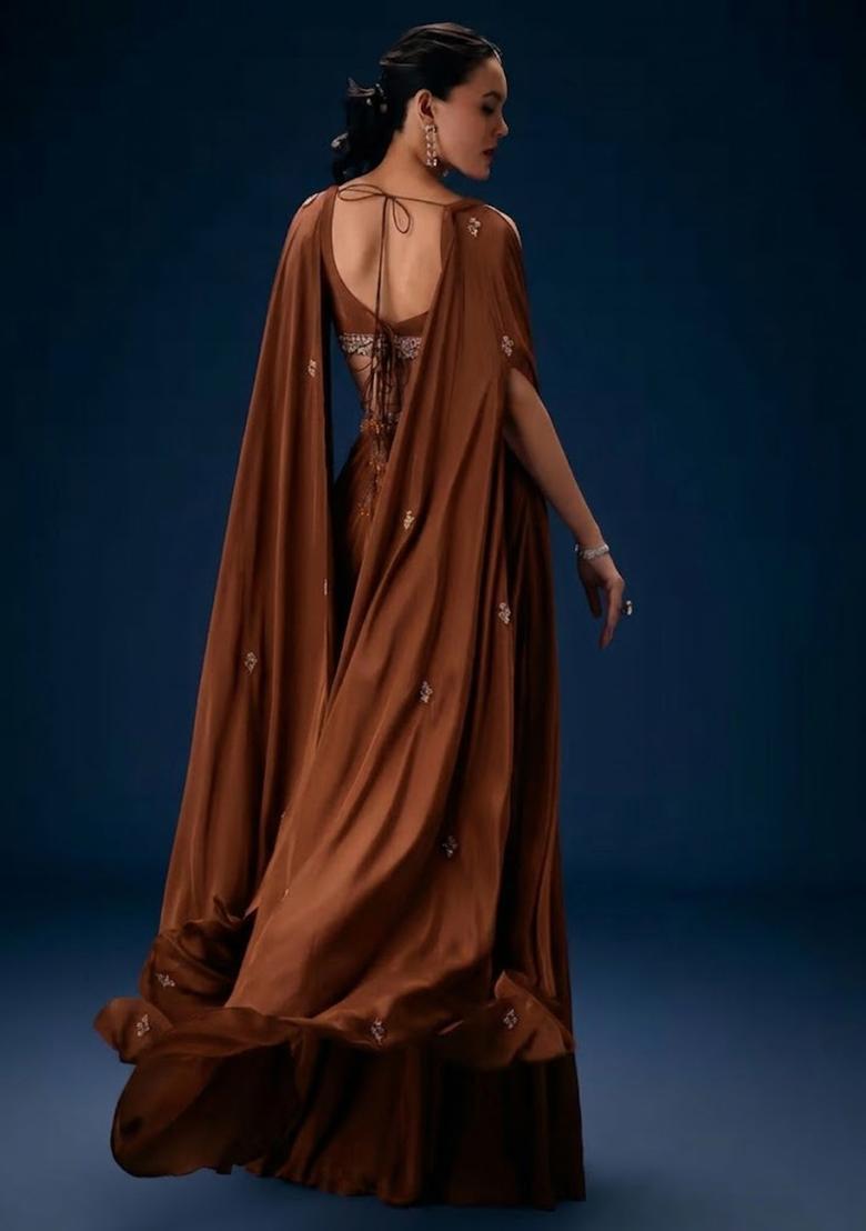 Brown Hand Work Crepe Fusion Set - Indya