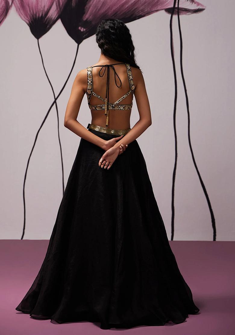 Jet Black Hand Work Organza Lehenga Set - Indya