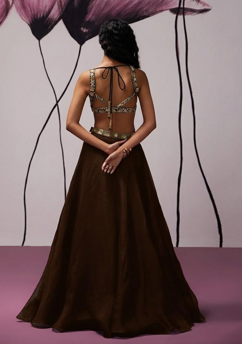 Brown Hand Work Organza Lehenga Set - Indya