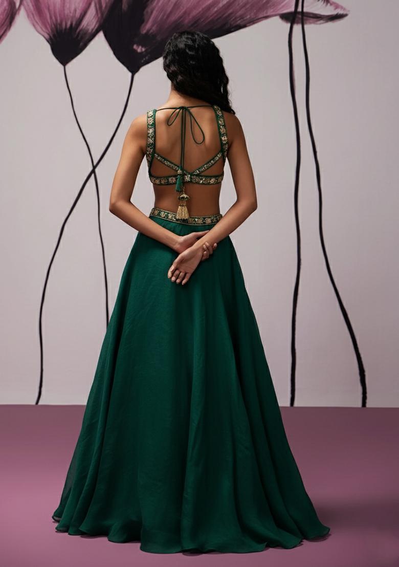 Bottle Green Hand Work Organza Lehenga Set - Indya