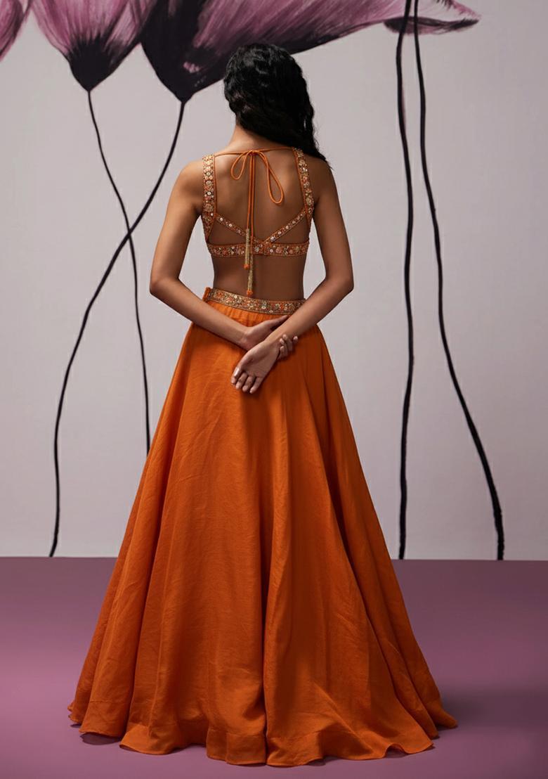 Orange Hand Work Organza Lehenga Set - Indya
