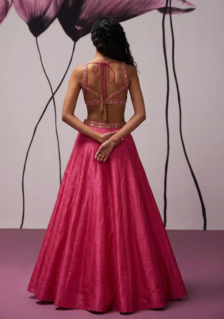 Pink Hand Work Organza Lehenga Set - Indya