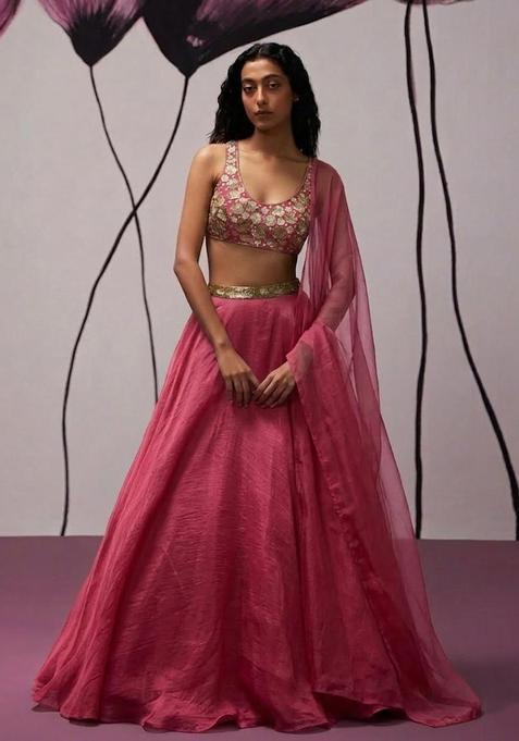 Pink Hand Work Organza Lehenga Set