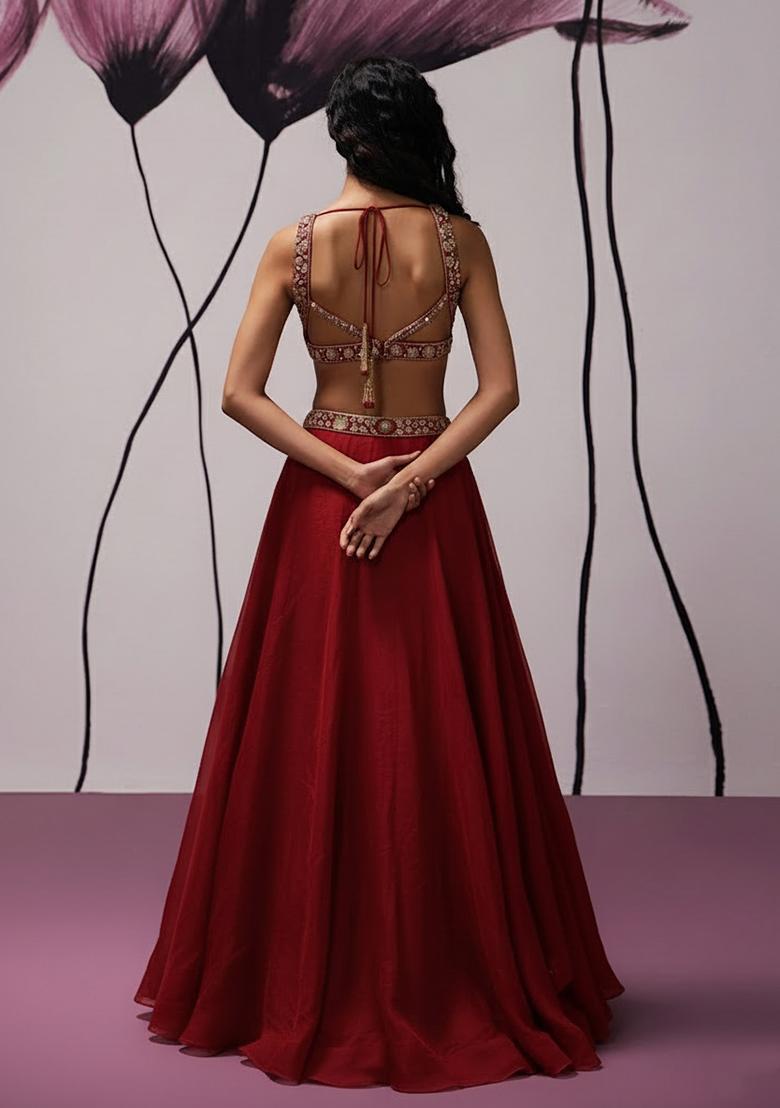 Red Hand Work Organza Lehenga Set - Indya