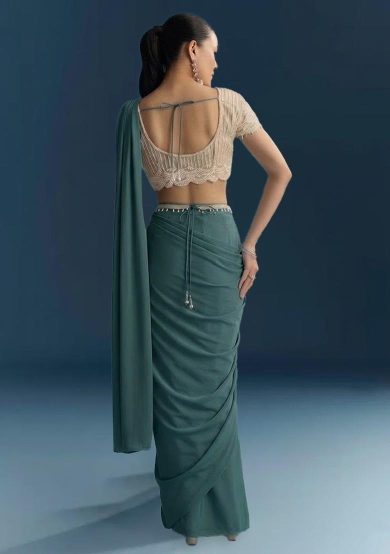 Emerald Green Hand Work Crepe Pre Draped Saree Set - Indya