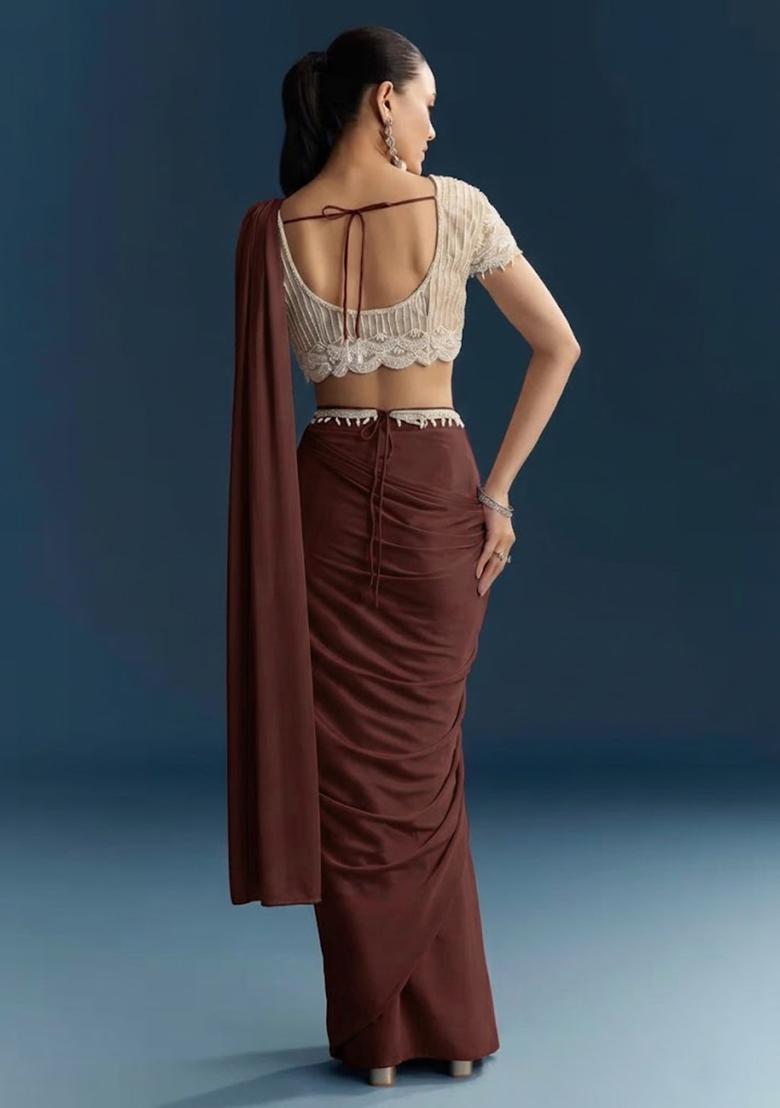 Rust Red Hand Work Crepe Pre Draped Saree Set - Indya