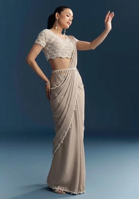 Taupe Beige Hand Work Crepe Pre Draped Saree Set