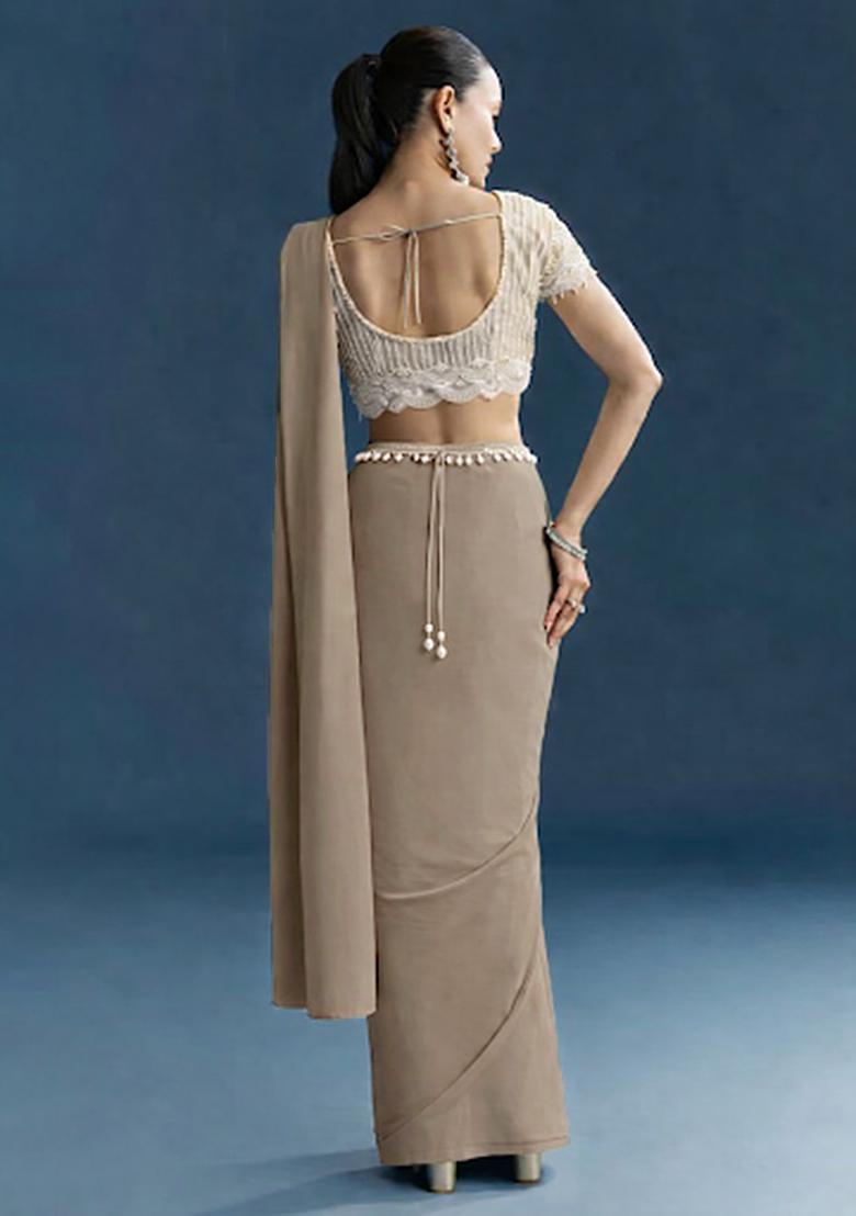 Taupe Beige Hand Work Crepe Pre Draped Saree Set - Indya