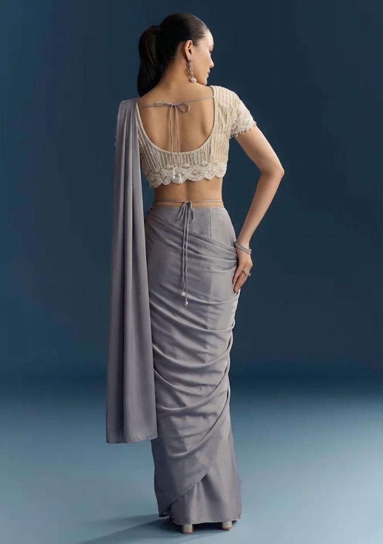 Slate Grey Hand Work Crepe Pre Draped Saree Set - Indya