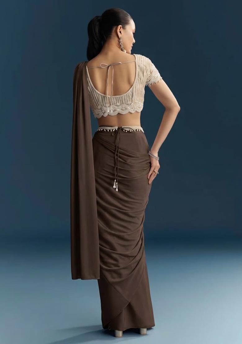 Brown Hand Work Crepe Pre Draped Saree Set - Indya