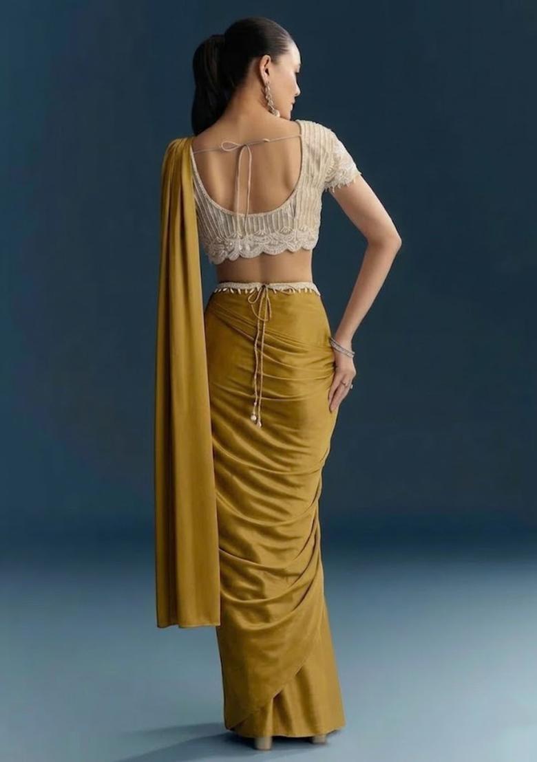 Mustard Hand Work Crepe Pre Draped Saree Set - Indya