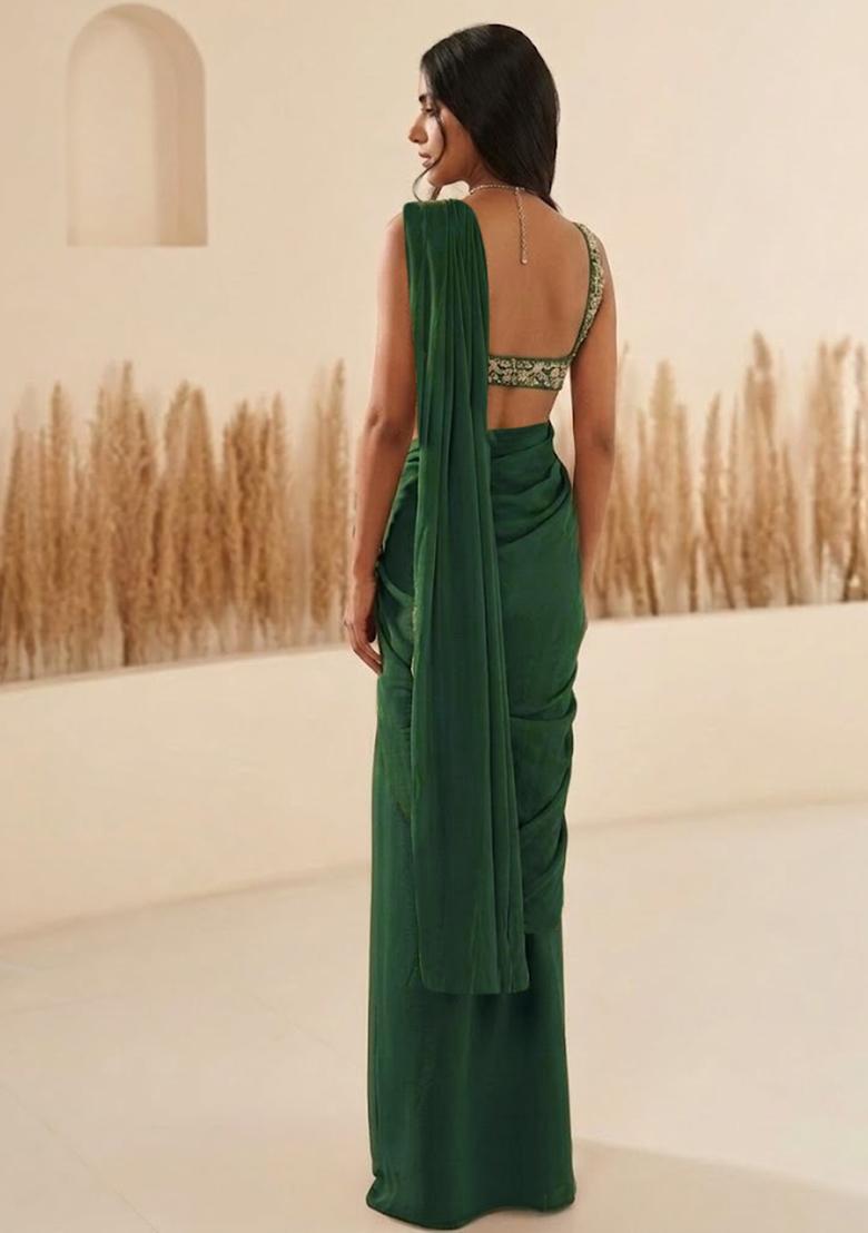 Green Hand Work Georgette  Pre Draped Saree Set - Indya