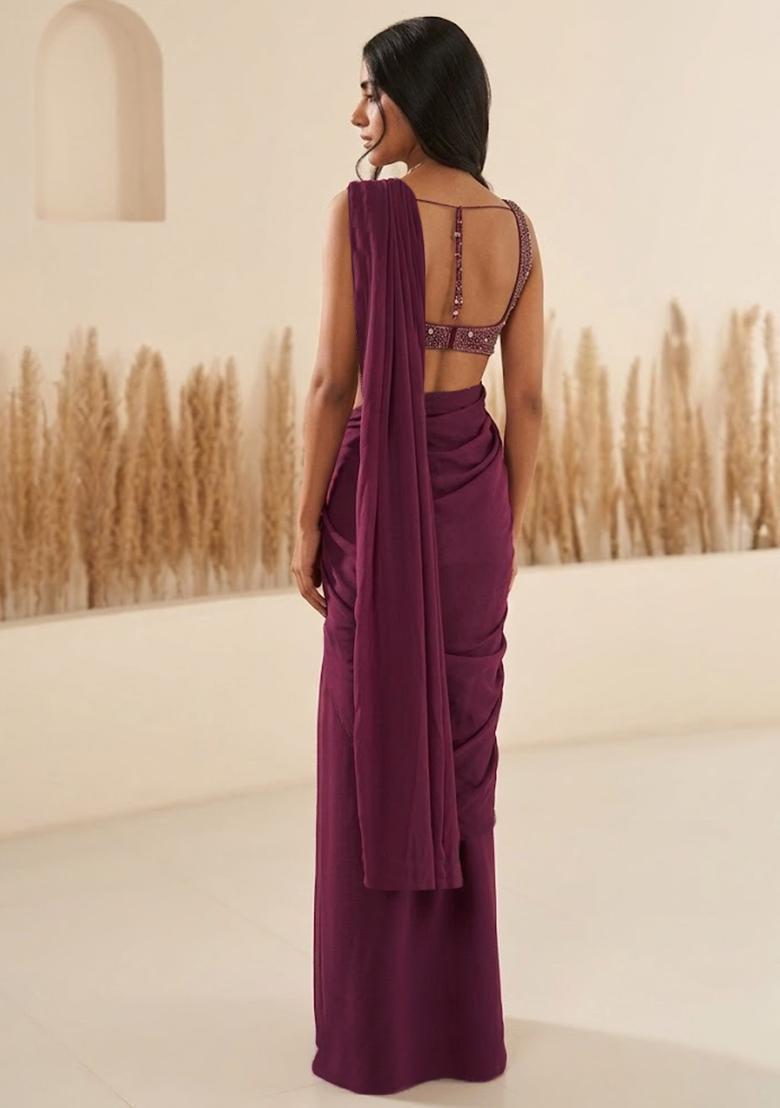 Purple Hand Work Georgette  Pre Draped Saree Set - Indya
