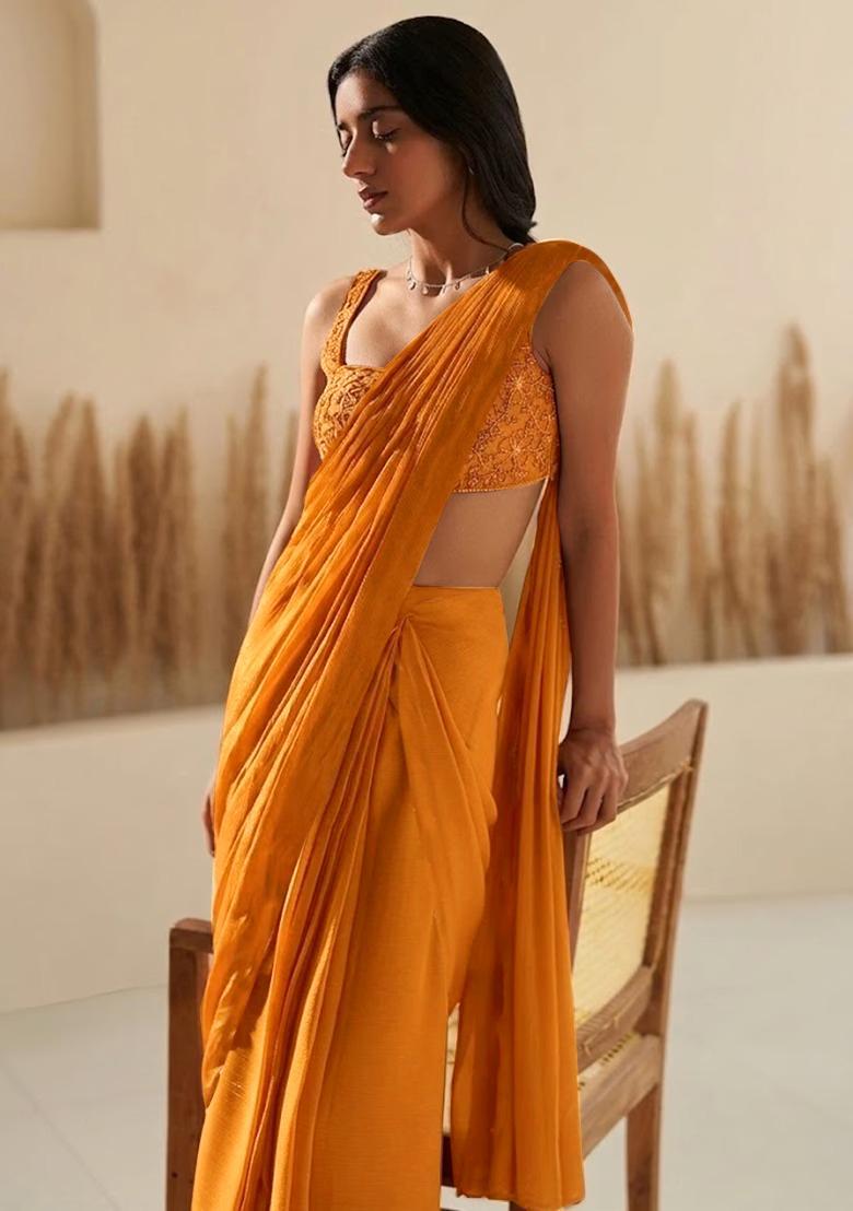 Rust Hand Work Georgette  Pre Draped Saree Set - Indya
