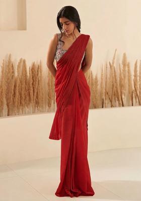 Red Hand Work Georgette  Pre Draped Saree Set