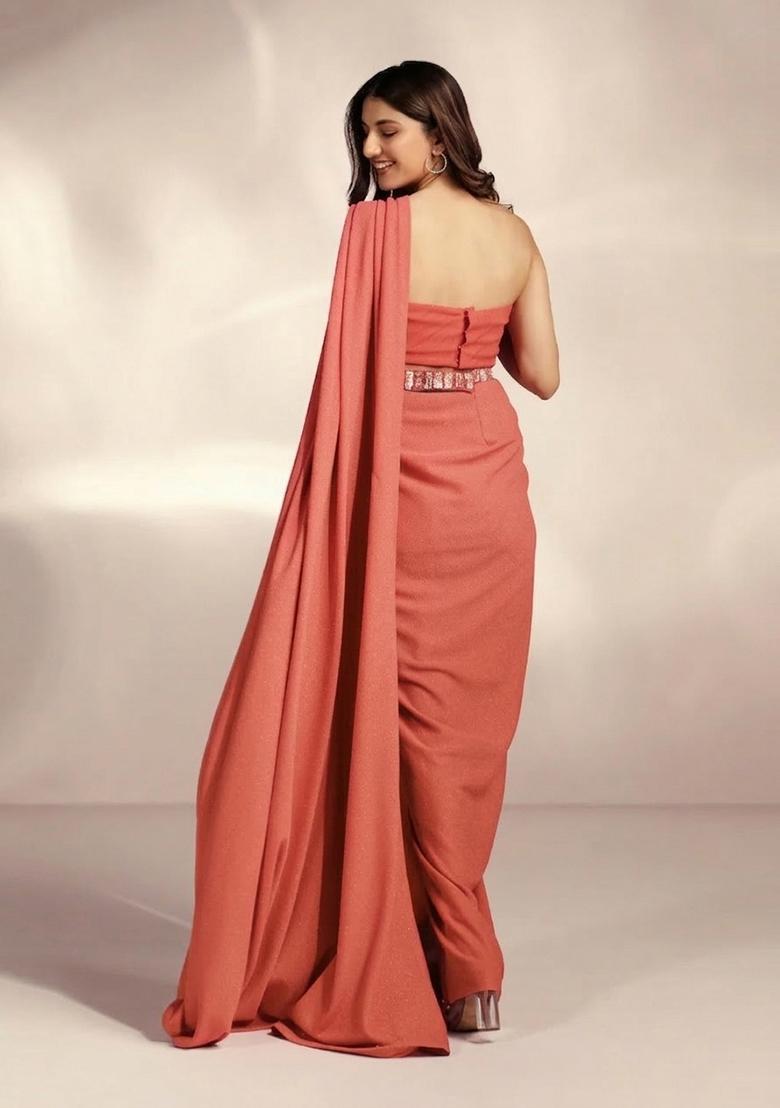 Rust Orange Hand Work Crepe Pre Draped Saree Set - Indya