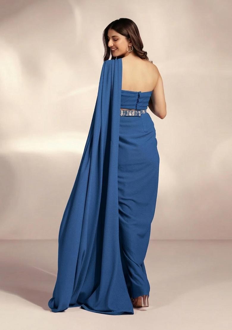Deep Teal Blue Hand Work Crepe Pre Draped Saree Set - Indya