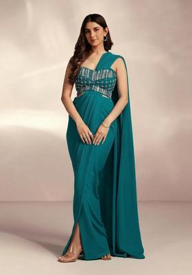 Teal Blue Hand Work Crepe Pre Draped Saree Set