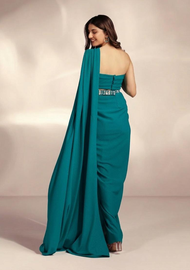 Teal Blue Hand Work Crepe Pre Draped Saree Set - Indya