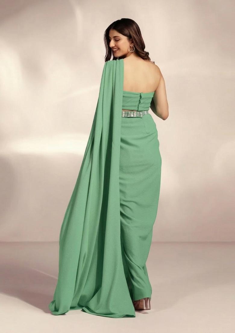 Mist Green Hand Work Crepe Pre Draped Saree Set - Indya