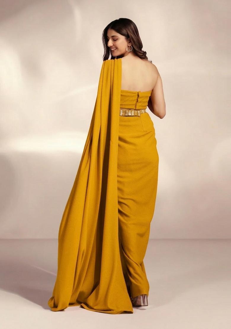 Mustard Hand Work Crepe Pre Draped Saree Set - Indya