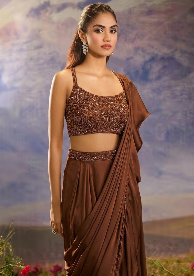 Copper Brown Hand Work Silk Blend Pre Draped Saree Set - Indya
