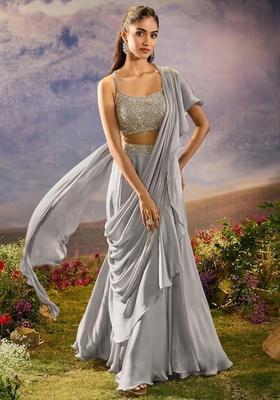 Silver Grey Hand Work Silk Blend Pre Draped Saree Set