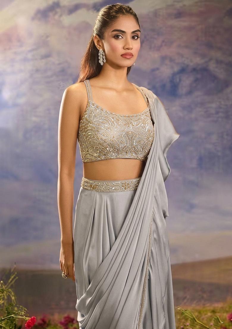 Silver Grey Hand Work Silk Blend Pre Draped Saree Set - Indya
