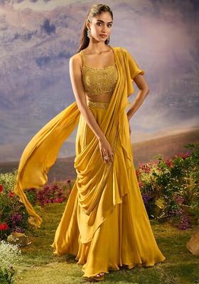 Yellow Hand Work Silk Blend Pre Draped Saree Set